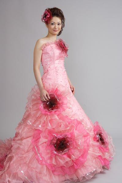 カラードレス ピンク花大 オリジナルウェディングドレス レンタル衣装 アトリエ ルーチェ