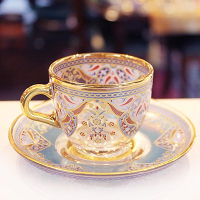 トルコのガラス製コーヒーカップ ソーサー ターコイズブルー ピンクフラワー デミタスカップ トルコ雑貨通販 倉敷ぎゃるぎゃる