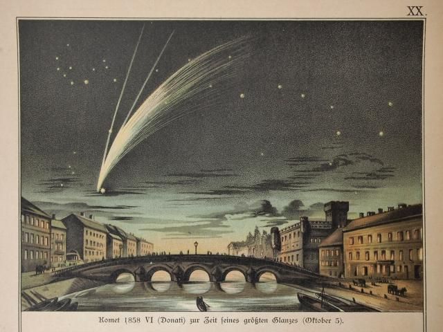 ドナティ彗星とヨーロッパの街並み1888年リトグラフ紙片