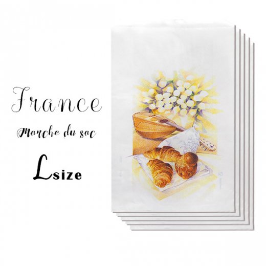 マルシェ袋 フランス 海外市場の紙袋（ クロワッサンとマンドリン・ギター Lサイズ）５枚セット