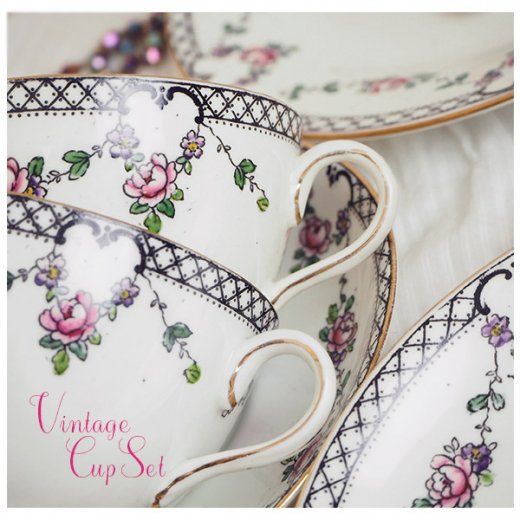 イギリス TUSCAN CHINA アンティーク ティーカップトリオ【BONE CHINA