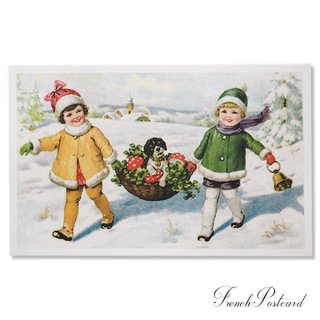 クリスマス フランスポストカード 犬 キノコ クローバー（ Petit bonheur）