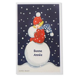 フランス ポストカード フランス クリスマス ポストカード あけましておめでとう 雪だるま 年賀状（Bonne annee J）