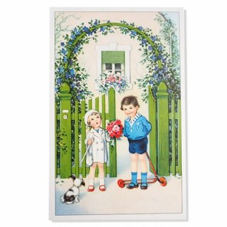 フランス ポストカード/挿絵系 フランス ポストカード お祝い 訪問 花束  犬 キックボード（Bienvenue F）