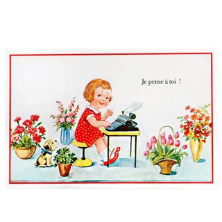 フランス ポストカード お花 バラ タイプライター フランス語（Je pense a toi!）- 海外 絵葉書 ・ 輸入雑貨 Zakka  MiniMini