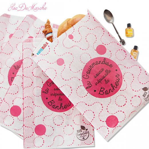 マルシェ袋 フランス 海外市場の紙袋（La gourmandise・pink A）５枚セット