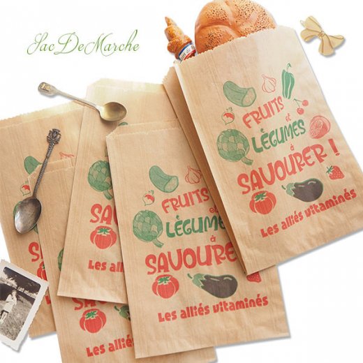 マルシェ袋 フランス 海外市場の紙袋（Fruits et legumes）５枚セット
