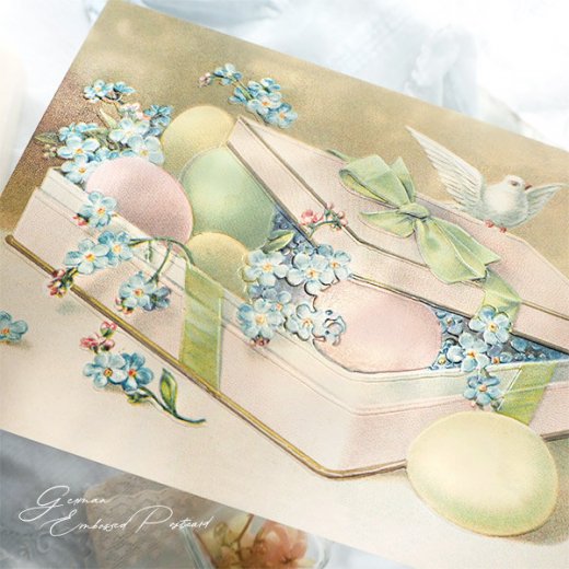 SOLD ④ 優しい色合いの花々とメッセージカードのクロモスが貼られたカード - アンティーク/コレクション