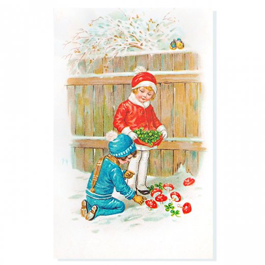 フランス クリスマスポストカード （幸福のキノコと四つ葉のクローバー）【画像1】