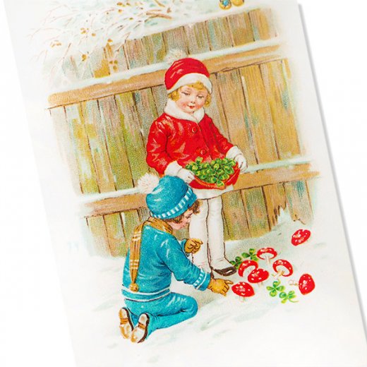 フランス クリスマスポストカード （幸福のキノコと四つ葉のクローバー）【画像2】