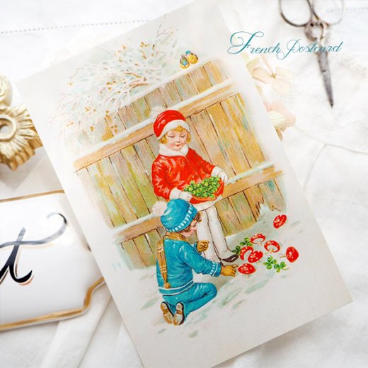 フランス クリスマスポストカード （幸福のキノコと四つ葉のクローバー）【画像4】