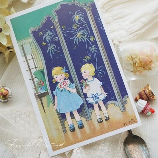 フランスアンティーク ポストカード 大輪の薔薇とブルーリボンの少女