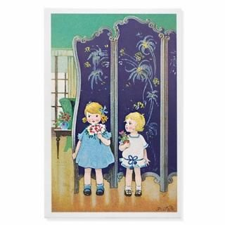 フランス ポストカード ブルーリボン 幼子 花束 植木鉢 （bouquet ）