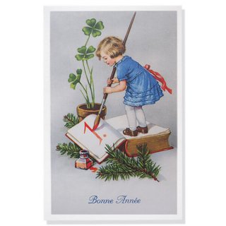 フランス ポストカード/挿絵系 フランス クリスマスポストカード 年賀状  幼子 幸せのクローバー 元旦（Bonne Annee ）