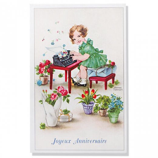 フランス ポストカード  お誕生日 お祝い お花 少女 バラ タイプライター（ Joyeux Anniversaire）