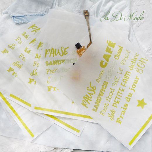 マルシェ袋 フランス 海外市場の紙袋（Pause sucrée CAFÉ M グリーン）５枚セット