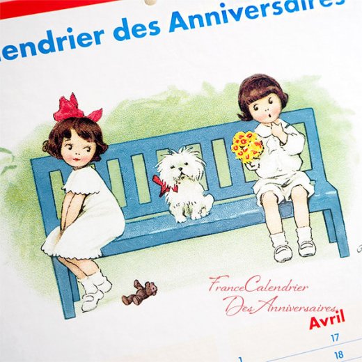 フランス製 壁掛けボード アニバーサリーカレンダー（Calendrier des Anniversaires 女の子 男の子 ワンちゃん ぬいぐるみ  リボン ハート 小鳥）