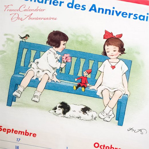 フランス製 壁掛けボード アニバーサリーカレンダー（Calendrier des Anniversaires 女の子 男の子 ワンちゃん ぬいぐるみ  リボン ハート 小鳥）