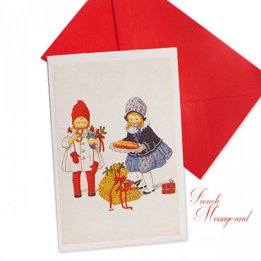 フランス ミニメッセージカード  封筒セット（女の子 プレッツェル  Brezel クリスマス プレゼントもみの木）