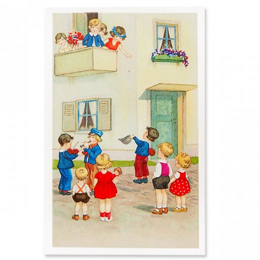 フランス ポストカード  お誕生日 新築祝い 幼子 楽器 お人形 花かんむり 花束【画像1】