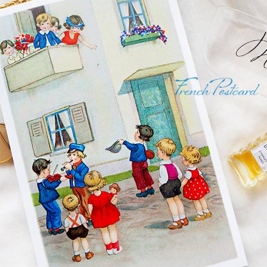 フランス ポストカード お誕生日 新築祝い 幼子 楽器 お人形 花かんむり 花束