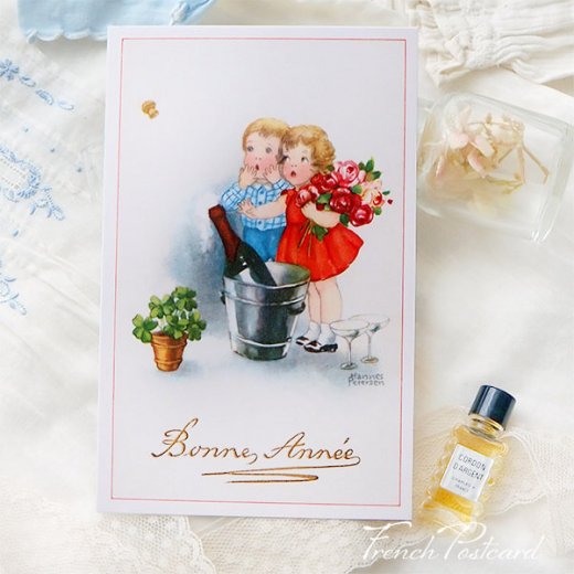 フランス ポストカード あけましておめでとう バラ シャンパン キノコ 幸せのクローバー （Bonne Annee M）【画像8】