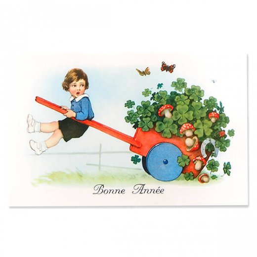 フランス ポストカード あけましておめでとう 幸せのクローバー キノコ 蹄鉄 （Bonne Annee P）