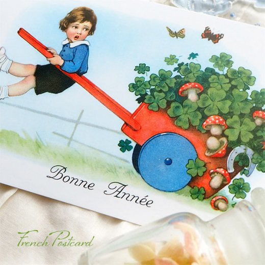 フランス ポストカード あけましておめでとう 幸せのクローバー キノコ 蹄鉄 （Bonne Annee P）【画像2】