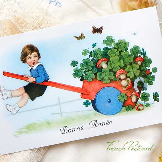 フランス ポストカード あけましておめでとう 幸せのクローバー キノコ 蹄鉄 （Bonne Annee P）【画像3】