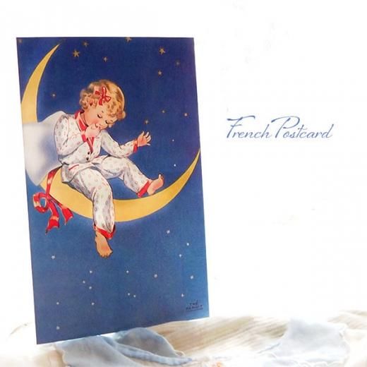 フランスポストカード 夜空 リボン 星 月 幼子（Reve du ciel）