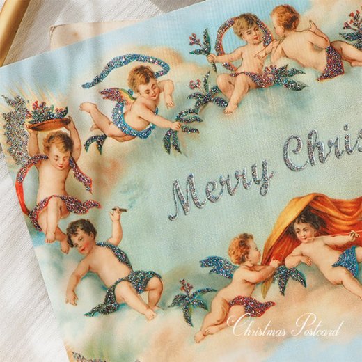 ドイツ 【ラメ付き】クリスマス ポストカード 天使 雲 光輪（Merry Christmas）【画像2】