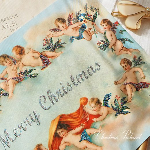 ドイツ 【ラメ付き】クリスマス ポストカード 天使 雲 光輪（Merry Christmas）【画像7】