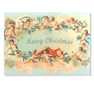 ドイツ 【ラメ付き】クリスマス ポストカード 天使 雲 光輪（Merry Christmas）
