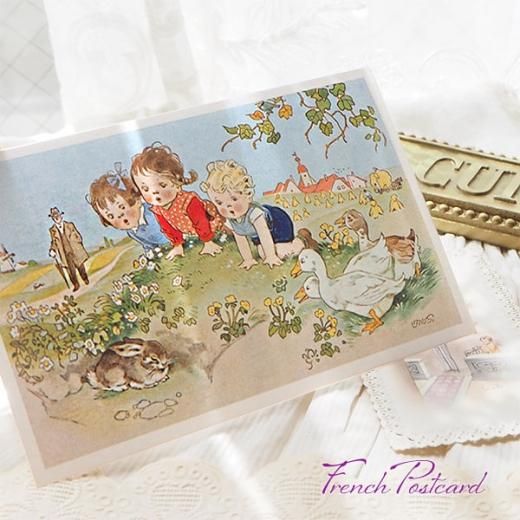 フランス　アンティーク　ポストカード＊フレンチBEBE＊可愛い女の子カフェオレ フランス ポストカード うさぎ あひる 幼子 草原 お花（bonne nuit B