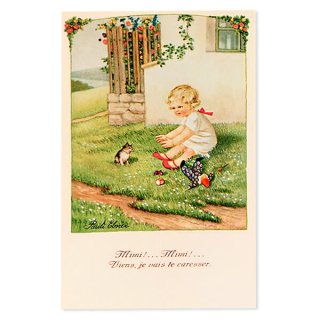 フランス ポストカード/挿絵系 フランス ポストカード 幼子 子猫 ネコ お人形 リボン（Chatons et nourrissons）