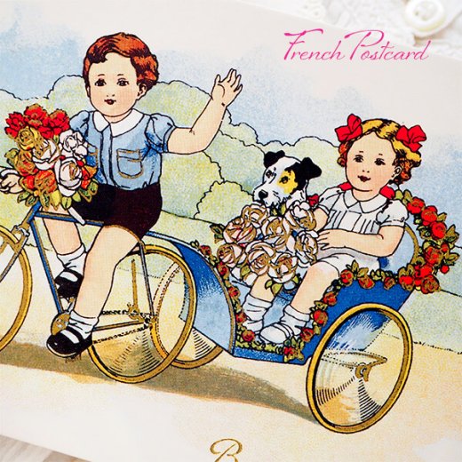 フランス ポストカード  バラ ローズ 犬 幼子 サイクル トレーラー お誕生日おめでとう（Bonne Fête Maman）【画像2】