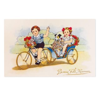 フランス ポストカード/挿絵系 フランス ポストカード  バラ ローズ 犬 幼子 サイクル トレーラー お誕生日おめでとう（Bonne Fête Maman）