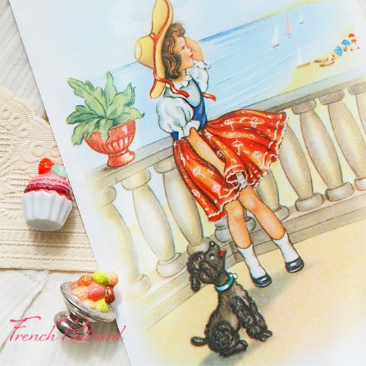 フランス ポストカード 少女 トリコロールカラー 夏 海辺 プードル 犬（Brise de mer）【画像2】