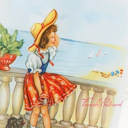 フランス ポストカード 少女 トリコロールカラー 夏 海辺 プードル 犬