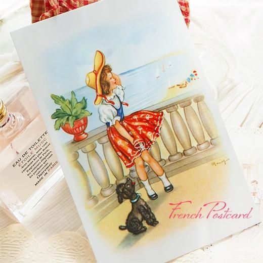 フランス ポストカード 少女 トリコロールカラー 夏 海辺 プードル 犬