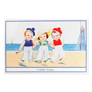 フランス ポストカード 幼子 海辺 ポルカドット フランス語（La balade a la plage ビーチへの散歩）