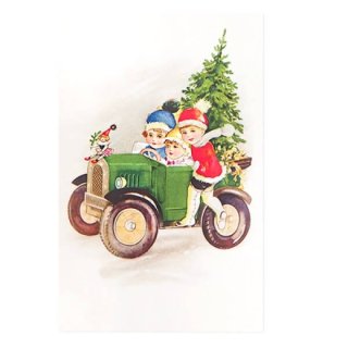 クリスマス  フランス クリスマス ポストカード 幼子 車 クラシックカー クリスマスツリー