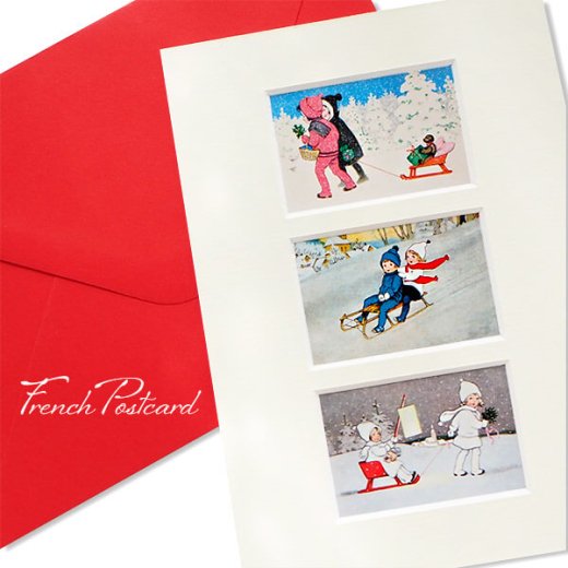フランス クリスマスポストカード マウントボード仕様  封筒セット（ 幼子 ソリ遊び）