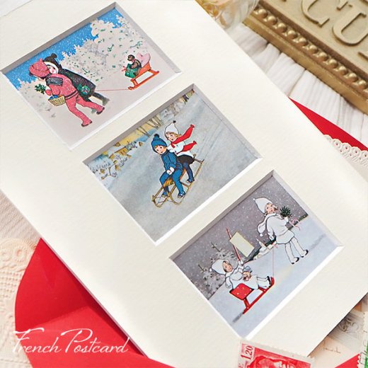 フランス クリスマスポストカード マウントボード仕様  封筒セット（ 幼子 ソリ遊び）【画像3】