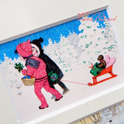  フランス クリスマスポストカード マウントボード仕様  封筒セット（ 幼子 ソリ遊び）【画像6】