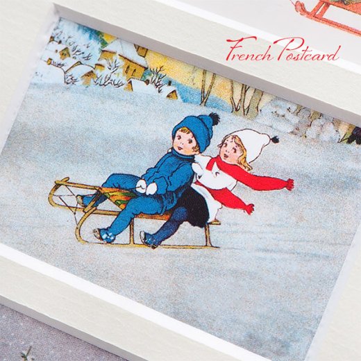 フランス クリスマスポストカード マウントボード仕様  封筒セット（ 幼子 ソリ遊び）【画像7】
