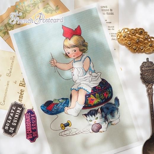 フランス ポストカードお裁縫 猫 リボン 幼子 毛糸玉（couture）