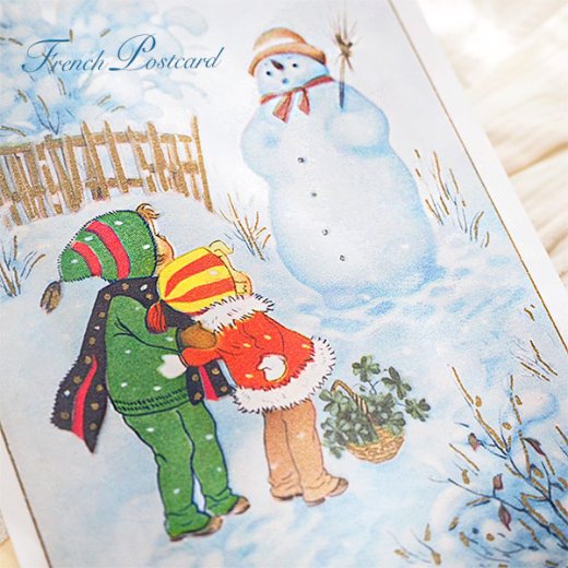 フランス クリスマスポストカード 雪だるま 幼子 幸せの四葉クローバー【画像2】
