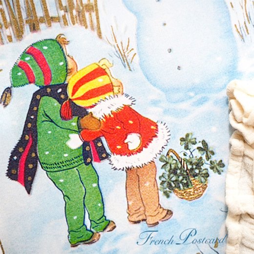 フランス クリスマスポストカード 雪だるま 幼子 幸せの四葉クローバー【画像3】