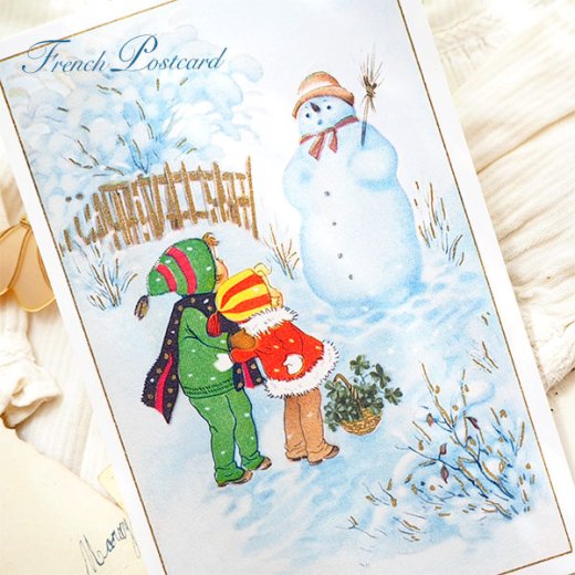 フランス クリスマスポストカード 雪だるま 幼子 幸せの四葉クローバー【画像5】